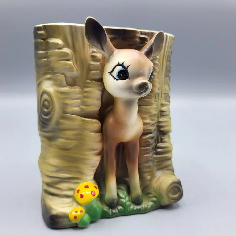 Vintage MCM Bambi Deer Vase Kitchy Planter Deer & Mushrooms Ceramic Table Decor - Picture 14 of 16